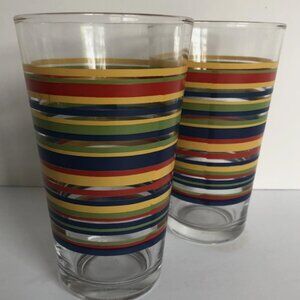 Vintage Libby Stripped Drinking Glass Tumblers 16 Oz Blue Yellow Red Green Set 2